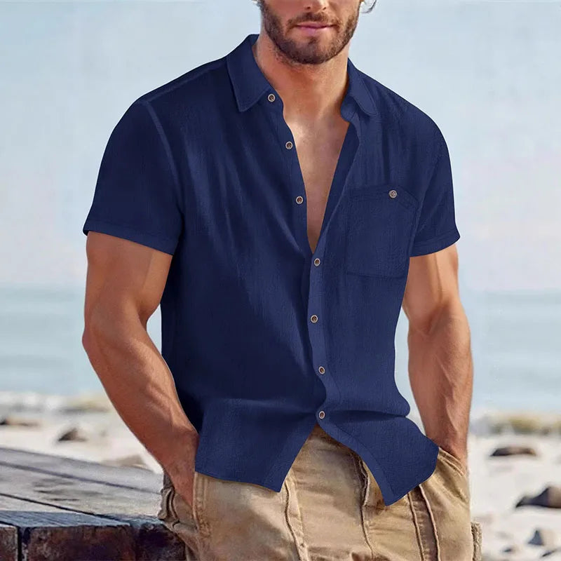 Chemise d'été pour homme à col ouvert et coupe droite avec poche poitrine