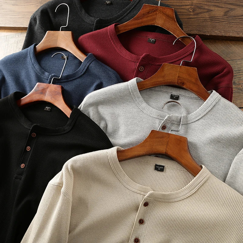Maillot à manches longues en coton nid d'abeille pour homme, devant à trois boutons