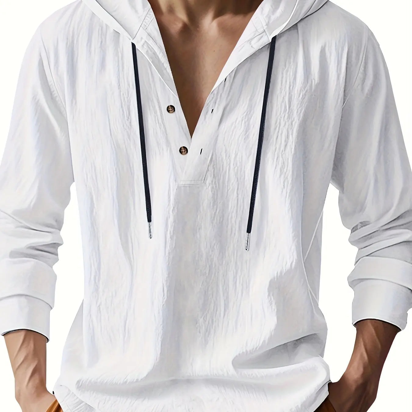 Chemise henley en lin à capuche pour homme, coupe décontractée avec col boutonné