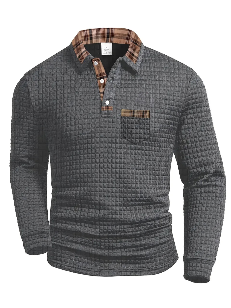 Polo à carreaux à manches longues pour homme avec col boutonné, coupe classique
