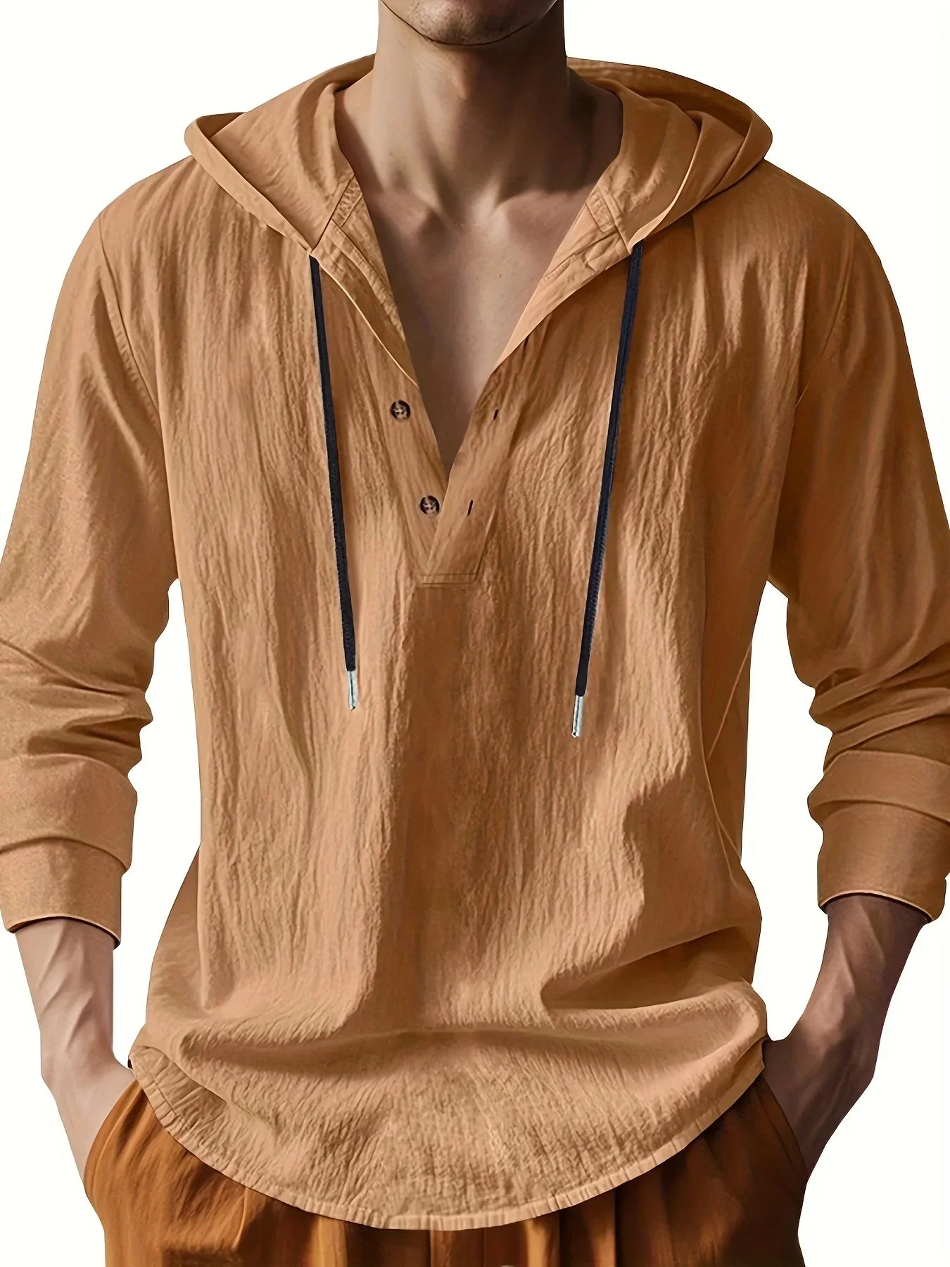 Chemise henley en lin à capuche pour homme, coupe décontractée avec col boutonné