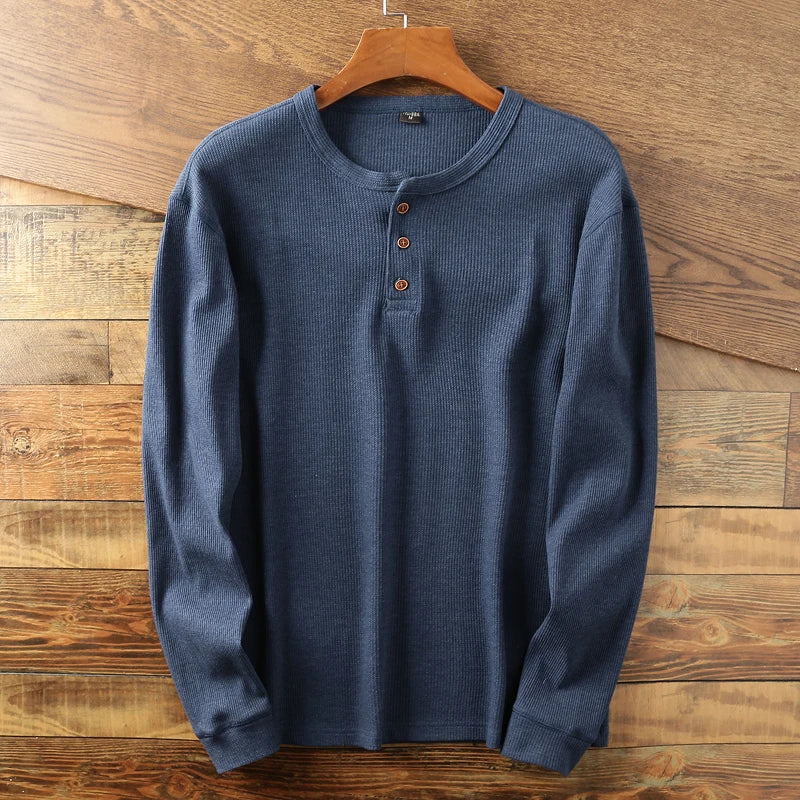 Maillot à manches longues en coton nid d'abeille pour homme, devant à trois boutons