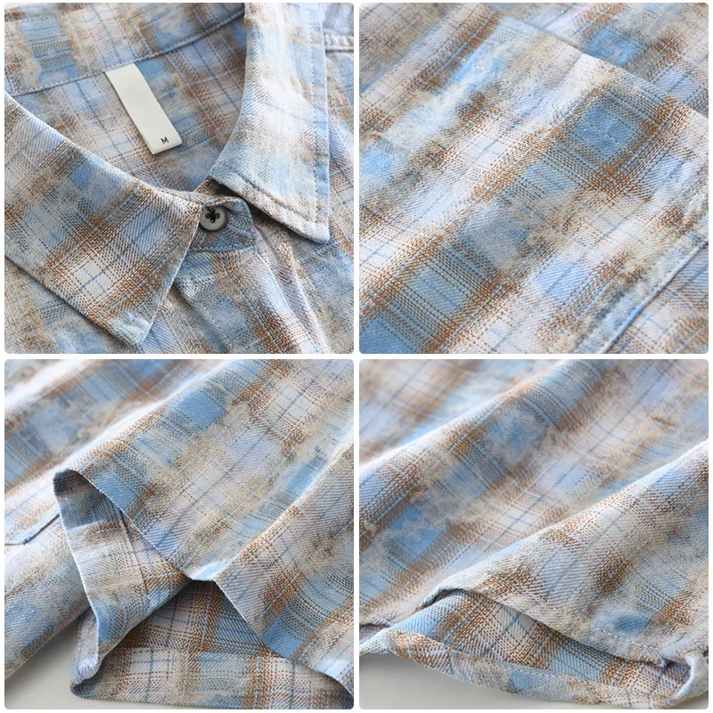 Chemise à carreaux rétro en coton pour homme, col boutonné et manches courtes