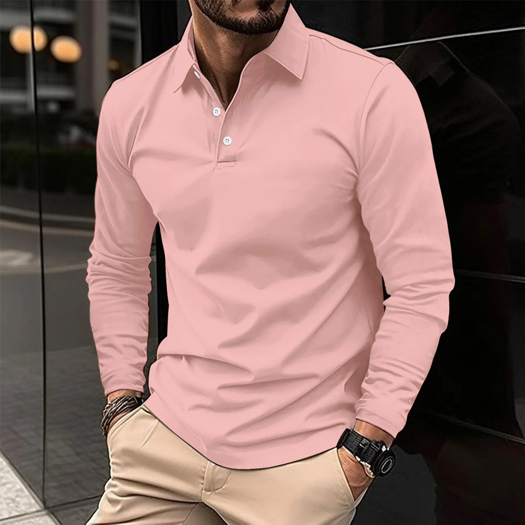 Polo à manches longues pour homme avec col boutonné et coupe ajustée