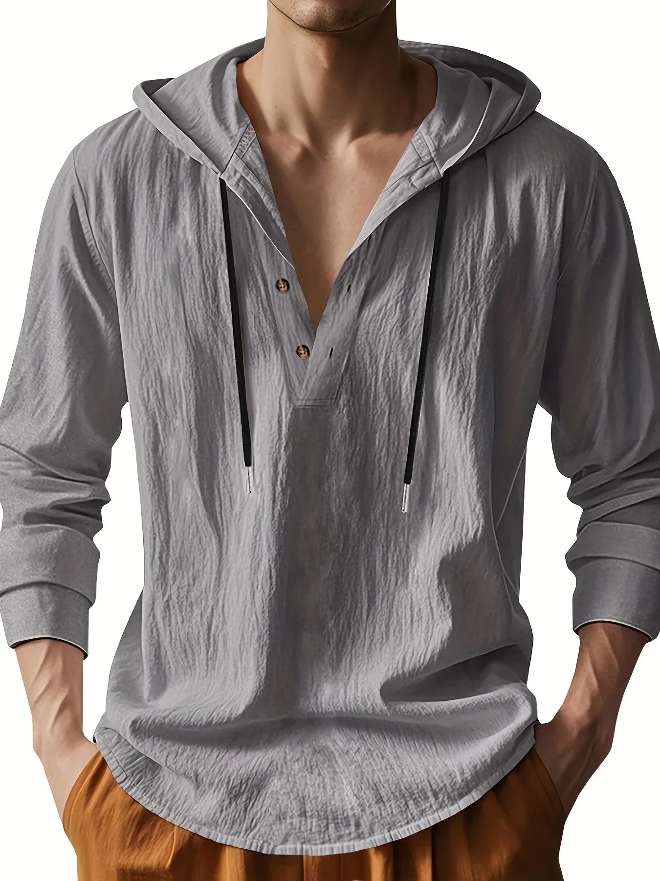 Chemise henley en lin à capuche pour homme, coupe décontractée avec col boutonné