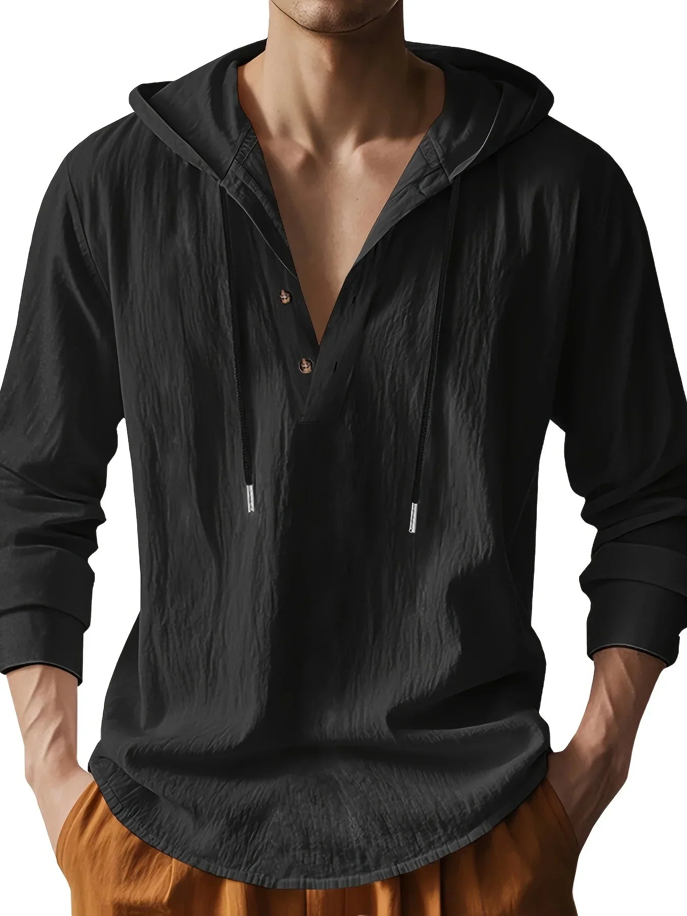 Chemise henley en lin à capuche pour homme, coupe décontractée avec col boutonné