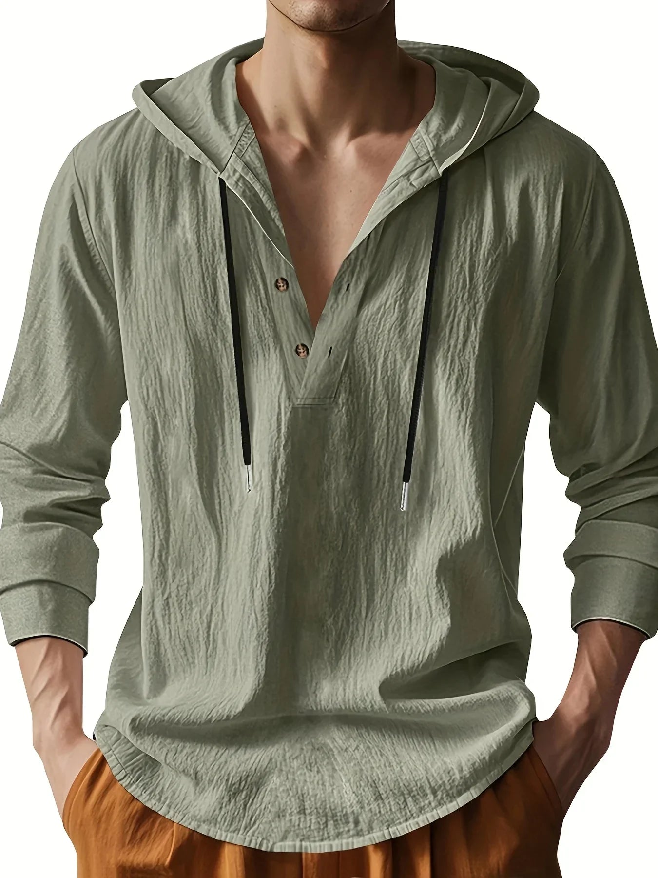 Chemise henley en lin à capuche pour homme, coupe décontractée avec col boutonné