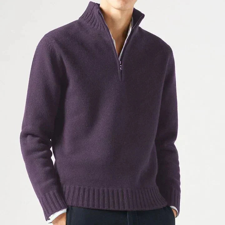Pull en laine pour homme à col montant et demi-zip, coupe ajustée