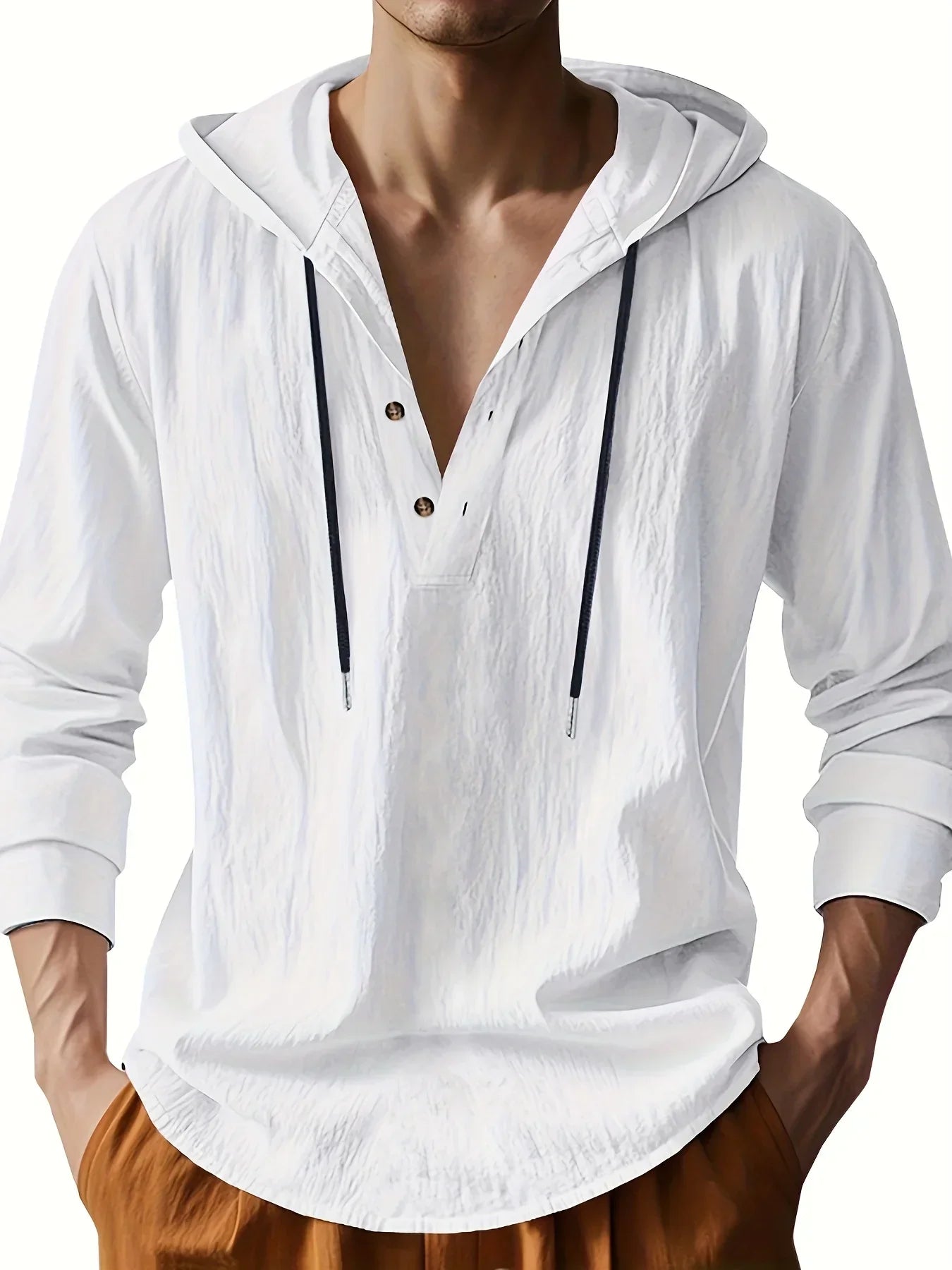 Chemise henley en lin à capuche pour homme, coupe décontractée avec col boutonné