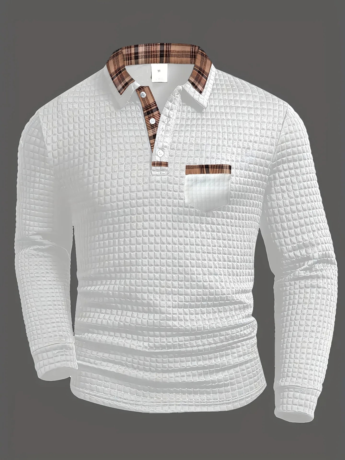 Polo à carreaux à manches longues pour homme avec col boutonné, coupe classique
