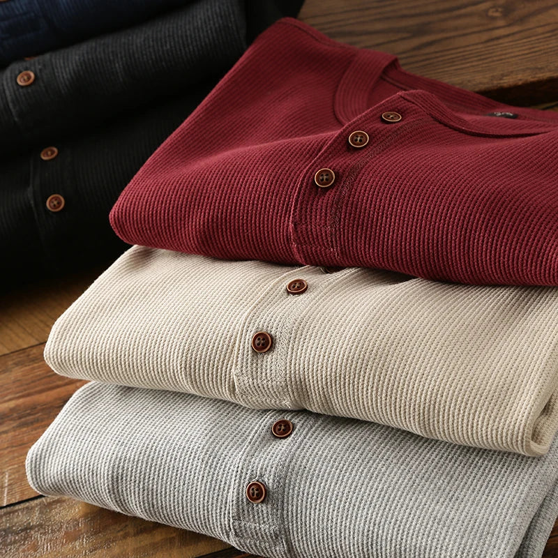 Maillot à manches longues en coton nid d'abeille pour homme, devant à trois boutons
