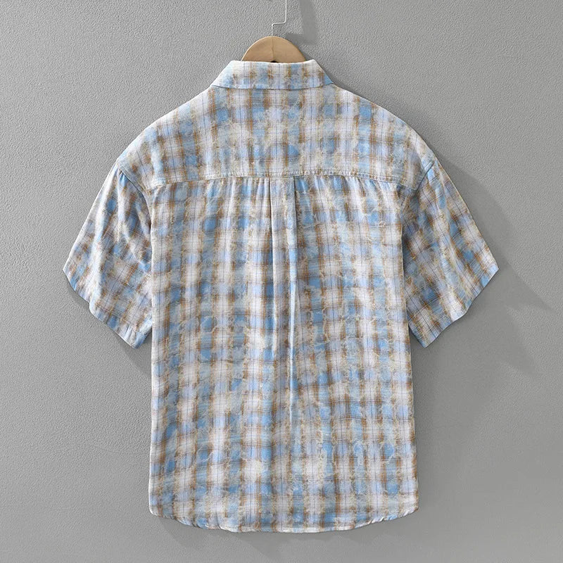 Chemise à carreaux rétro en coton pour homme, col boutonné et manches courtes