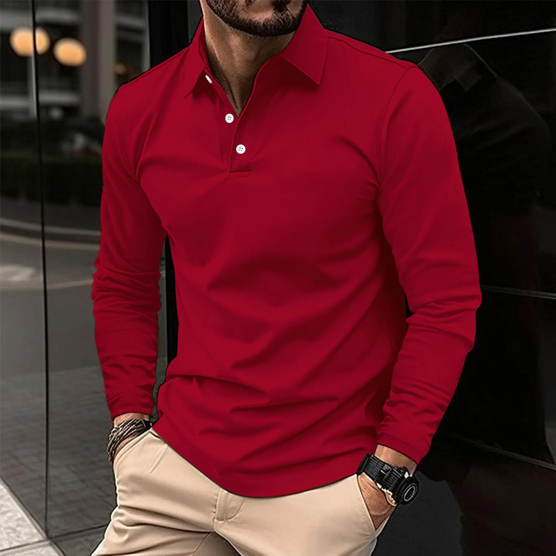 Polo à manches longues pour homme avec col boutonné et coupe ajustée