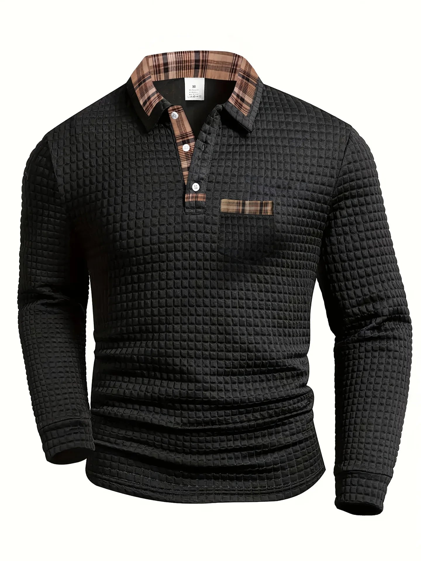 Polo à carreaux à manches longues pour homme avec col boutonné, coupe classique