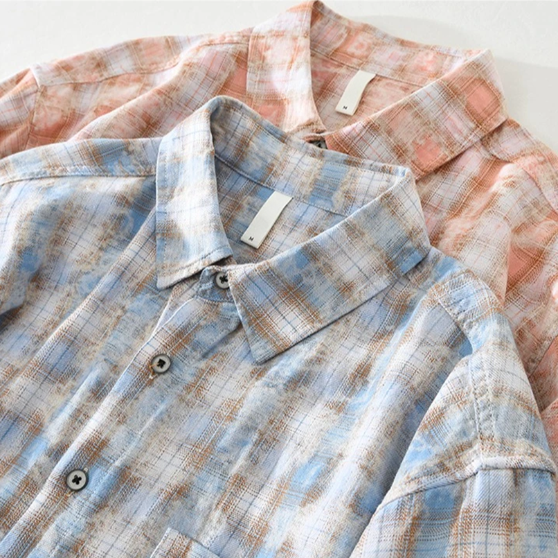 Chemise à carreaux rétro en coton pour homme, col boutonné et manches courtes