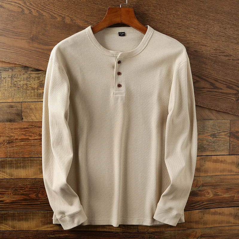 Maillot à manches longues en coton nid d'abeille pour homme, devant à trois boutons
