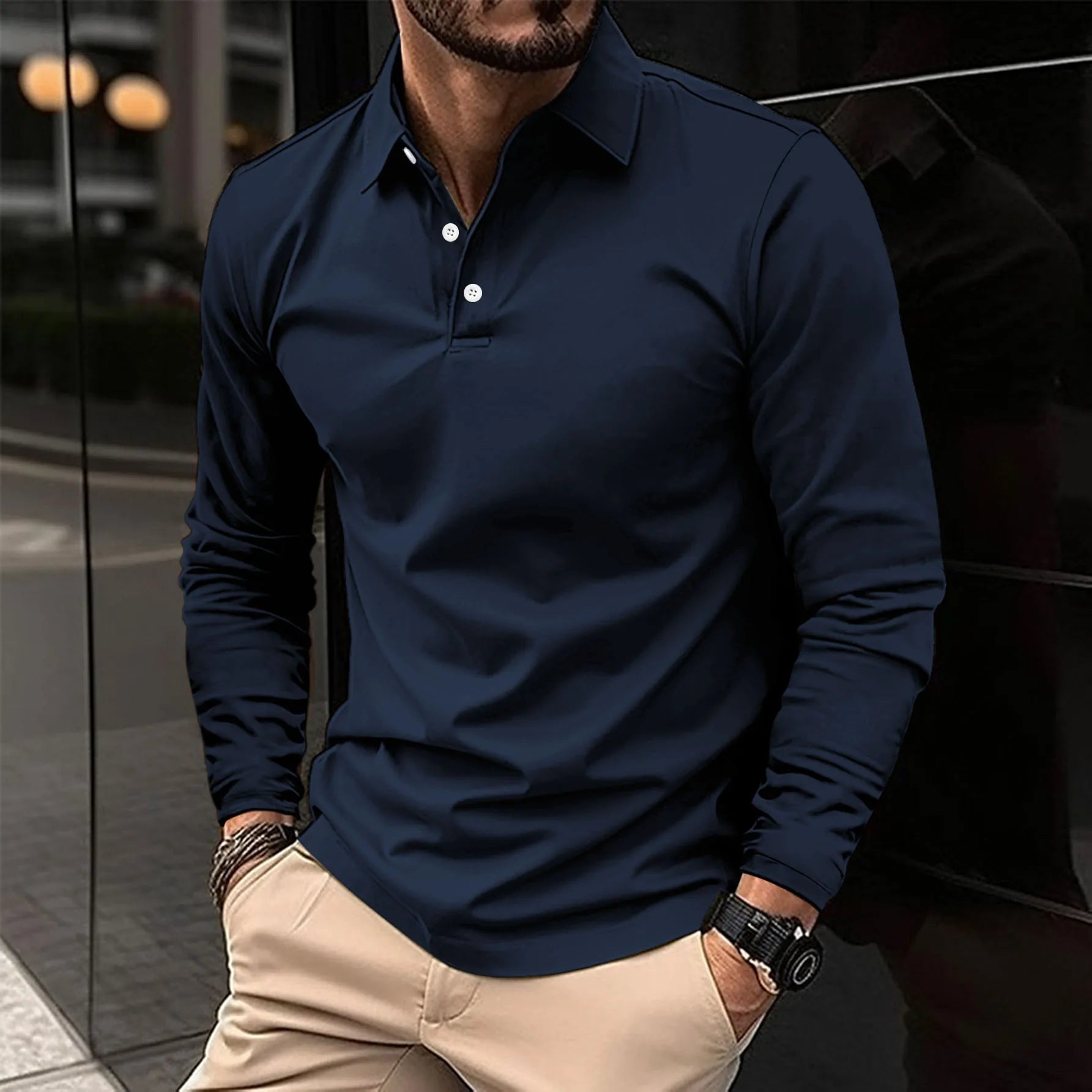 Polo à manches longues pour homme avec col boutonné et coupe ajustée