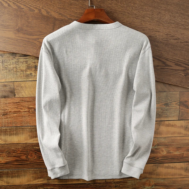 Maillot à manches longues en coton nid d'abeille pour homme, devant à trois boutons