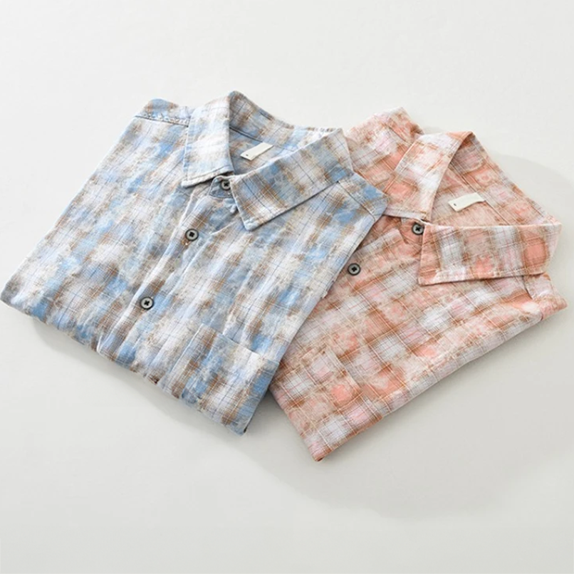 Chemise à carreaux rétro en coton pour homme, col boutonné et manches courtes