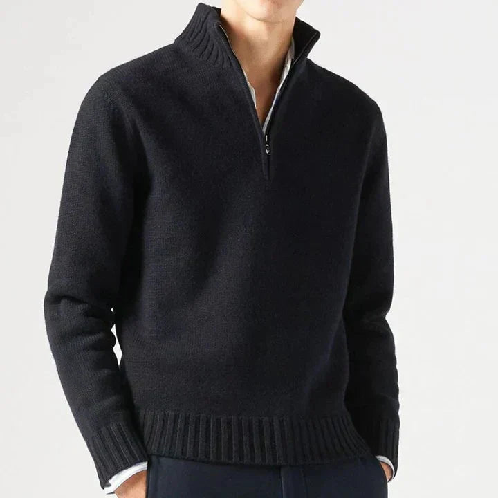 Pull en laine pour homme à col montant et demi-zip, coupe ajustée