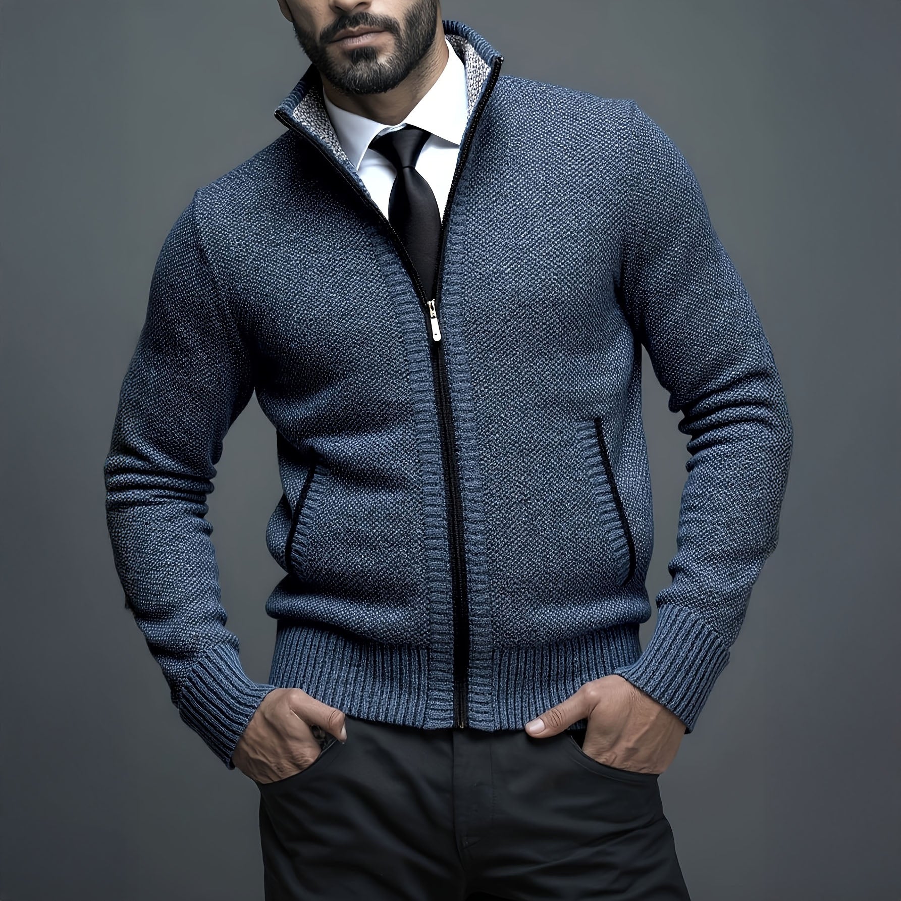 Gilet zippé pour homme en maille structurée, coupe slim fit avec bords en côtes