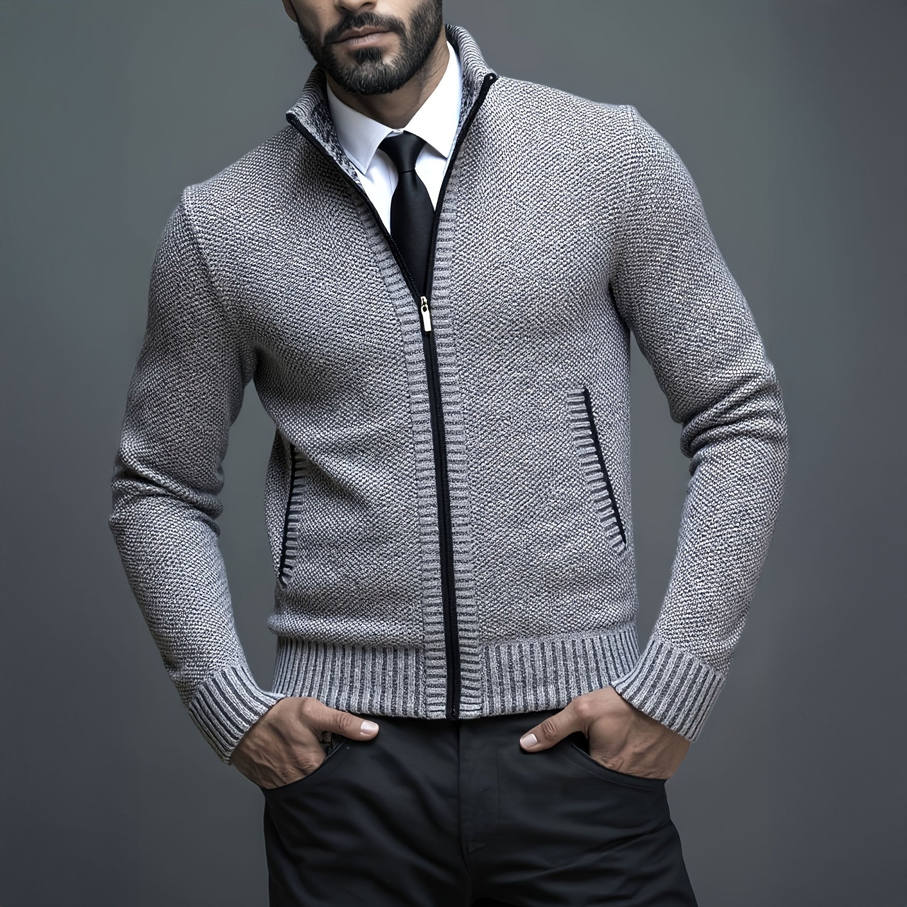 Gilet zippé pour homme en maille structurée, coupe slim fit avec bords en côtes