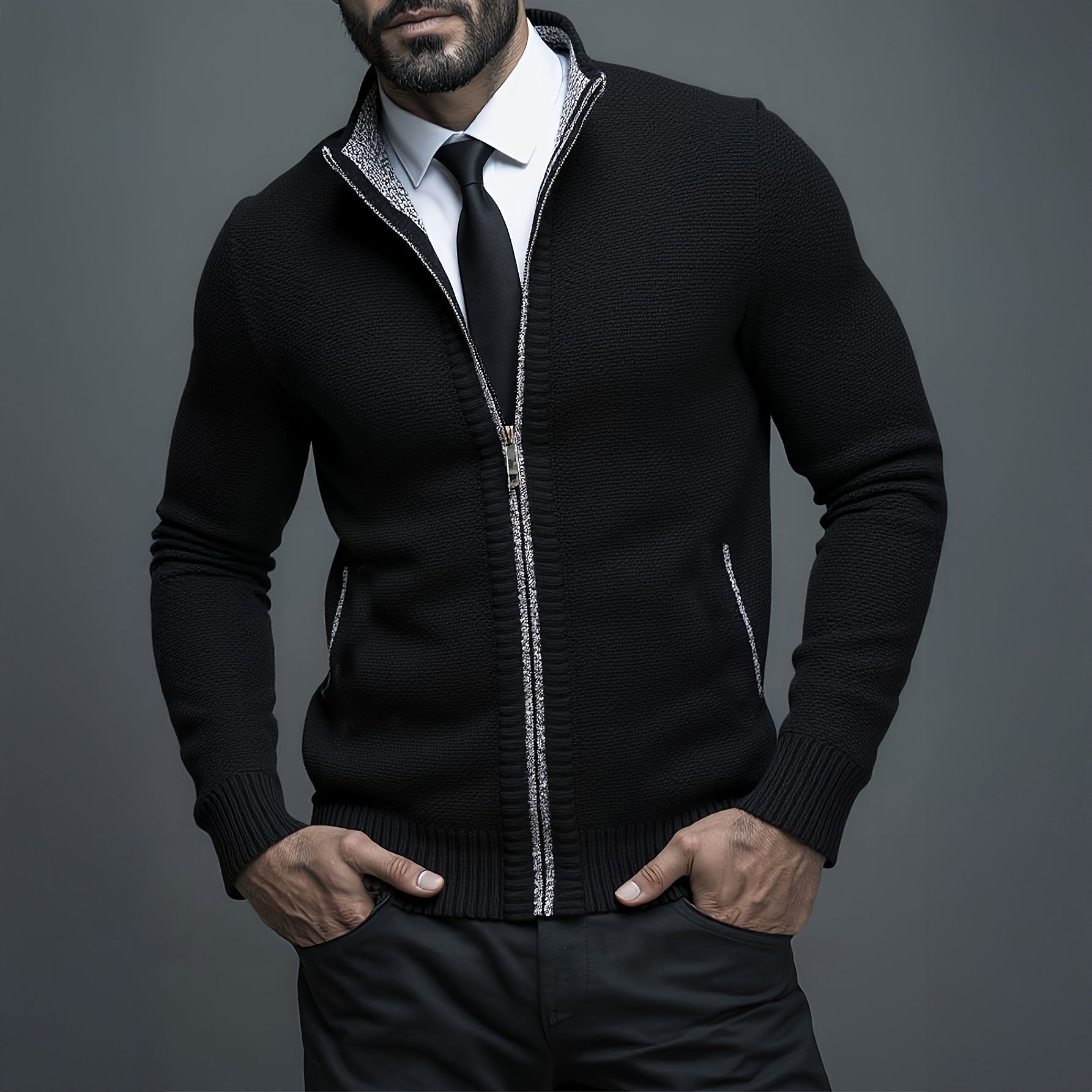 Gilet zippé pour homme en maille structurée, coupe slim fit avec bords en côtes