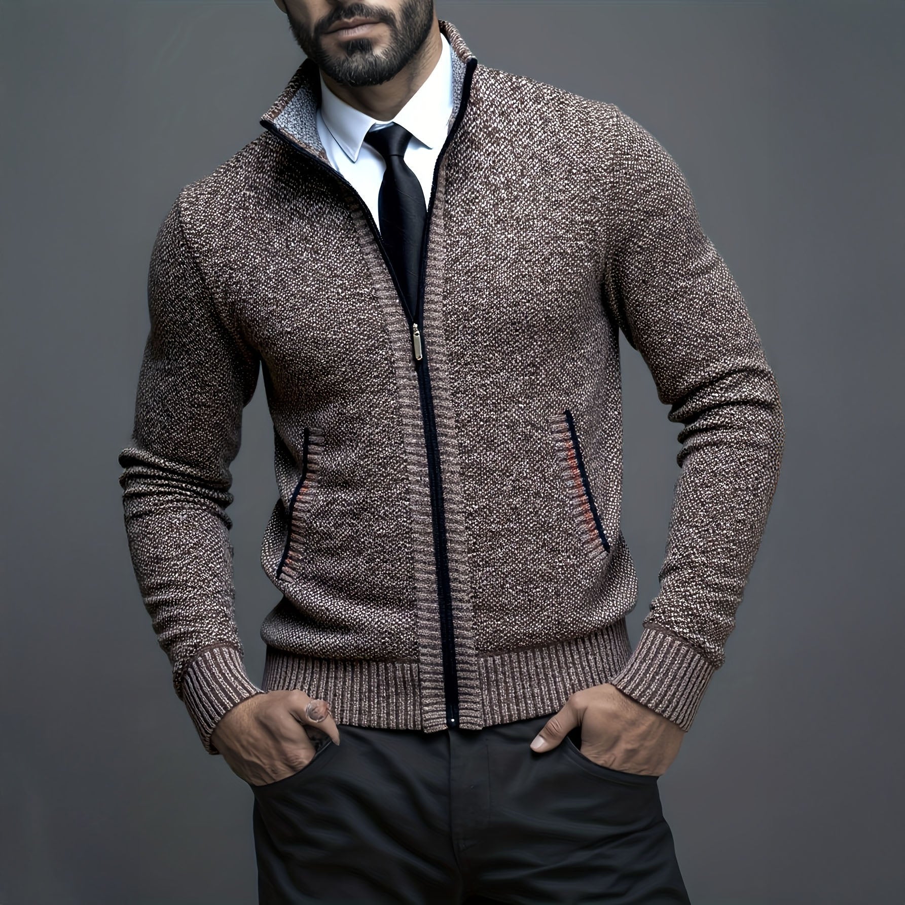 Gilet zippé pour homme en maille structurée, coupe slim fit avec bords en côtes