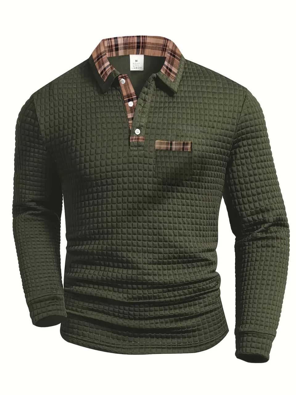 Polo à carreaux à manches longues pour homme avec col boutonné, coupe classique