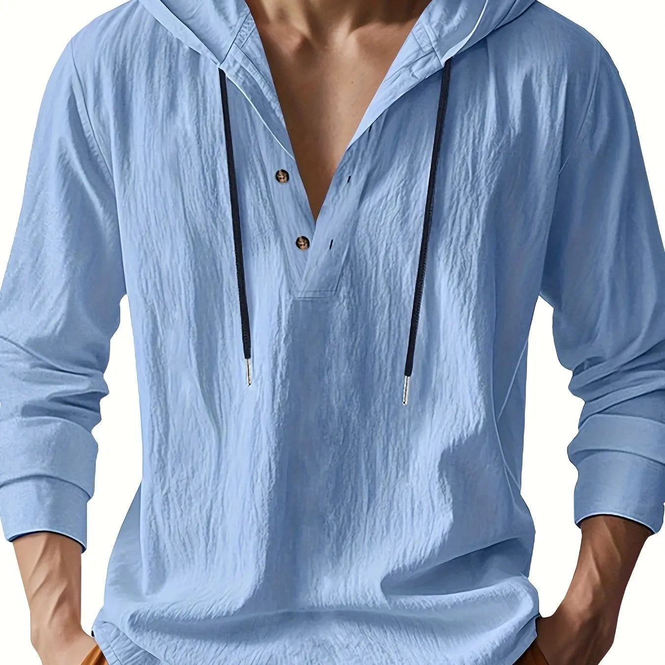 Chemise henley en lin à capuche pour homme, coupe décontractée avec col boutonné