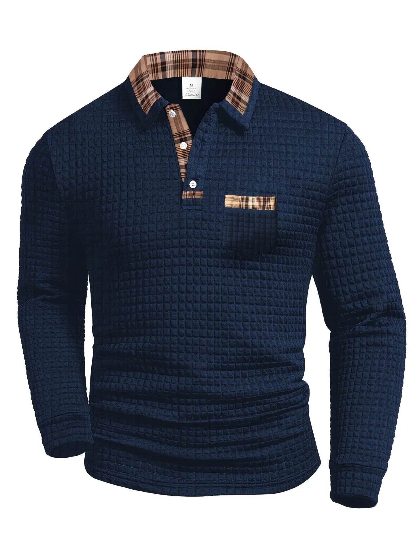 Polo à carreaux à manches longues pour homme avec col boutonné, coupe classique
