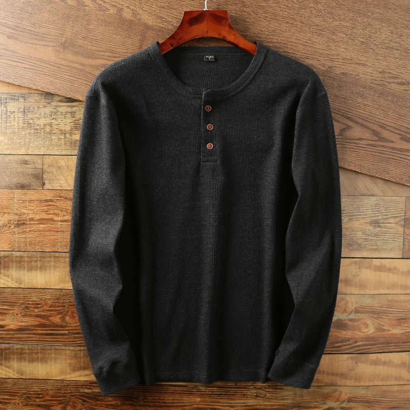 Maillot à manches longues en coton nid d'abeille pour homme, devant à trois boutons