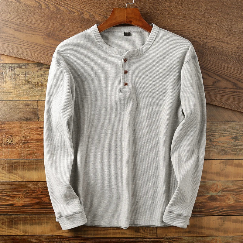 Maillot à manches longues en coton nid d'abeille pour homme, devant à trois boutons