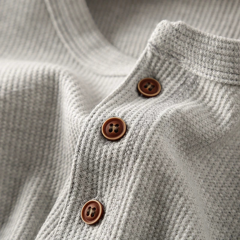 Maillot à manches longues en coton nid d'abeille pour homme, devant à trois boutons