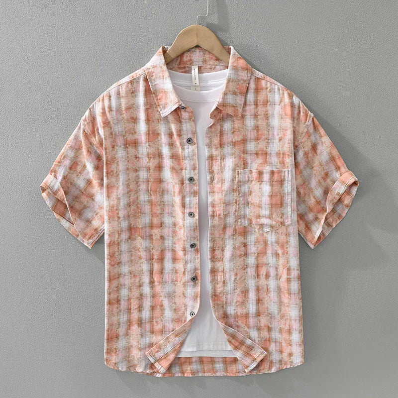 Chemise à carreaux rétro en coton pour homme, col boutonné et manches courtes