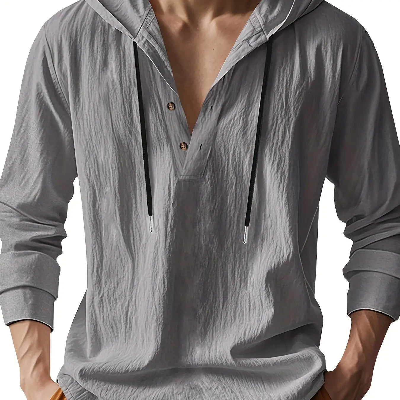 Chemise henley en lin à capuche pour homme, coupe décontractée avec col boutonné