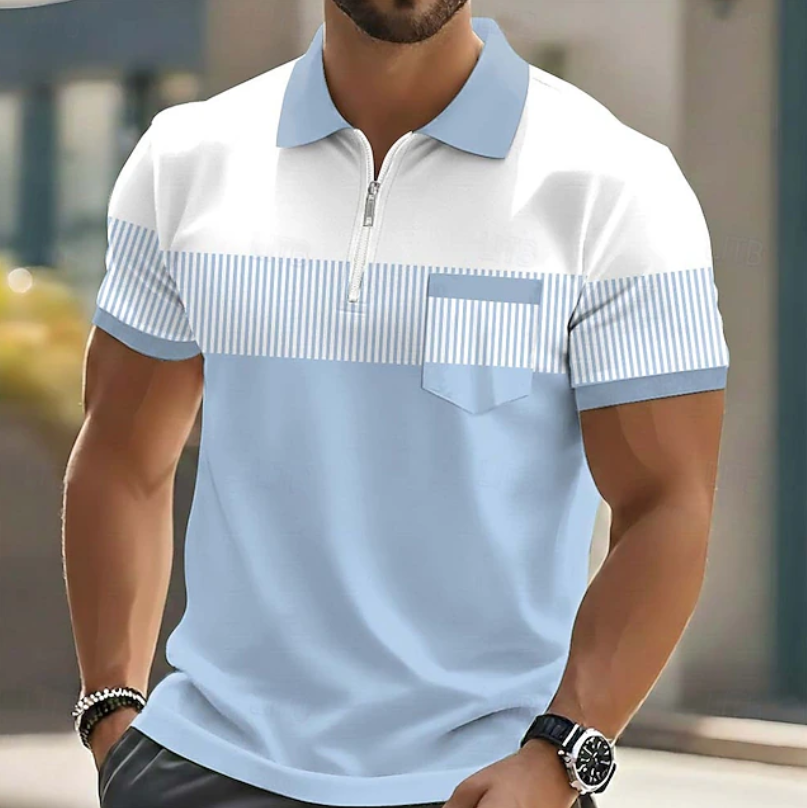 Polo homme à encolure zippée avec poche poitrine et fines rayures