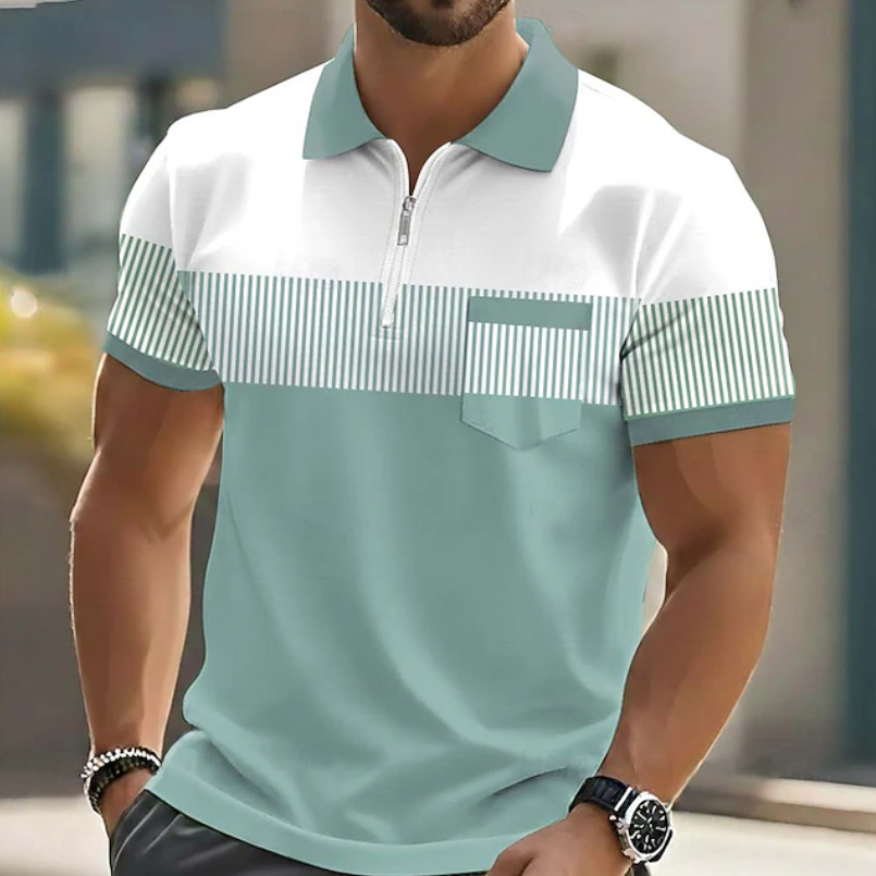 Polo homme à encolure zippée avec poche poitrine et fines rayures