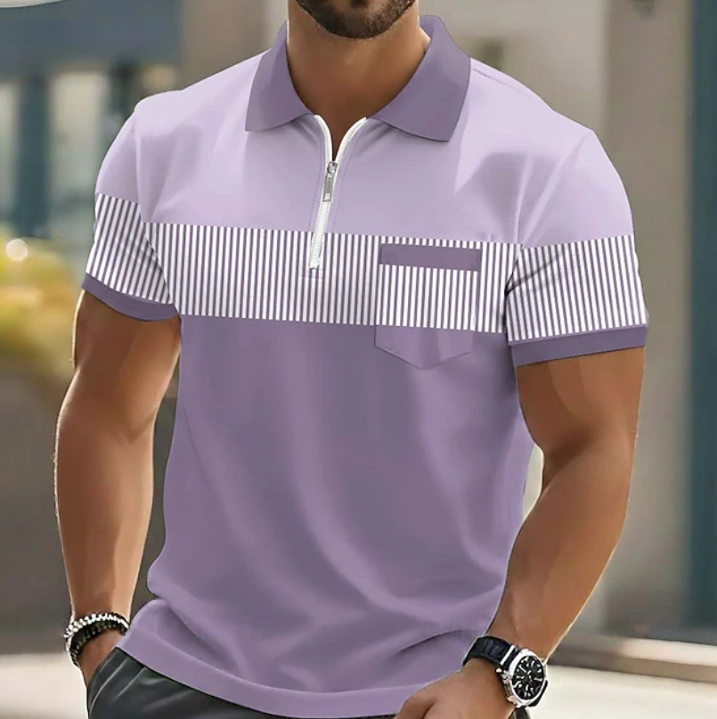 Polo homme à encolure zippée avec poche poitrine et fines rayures