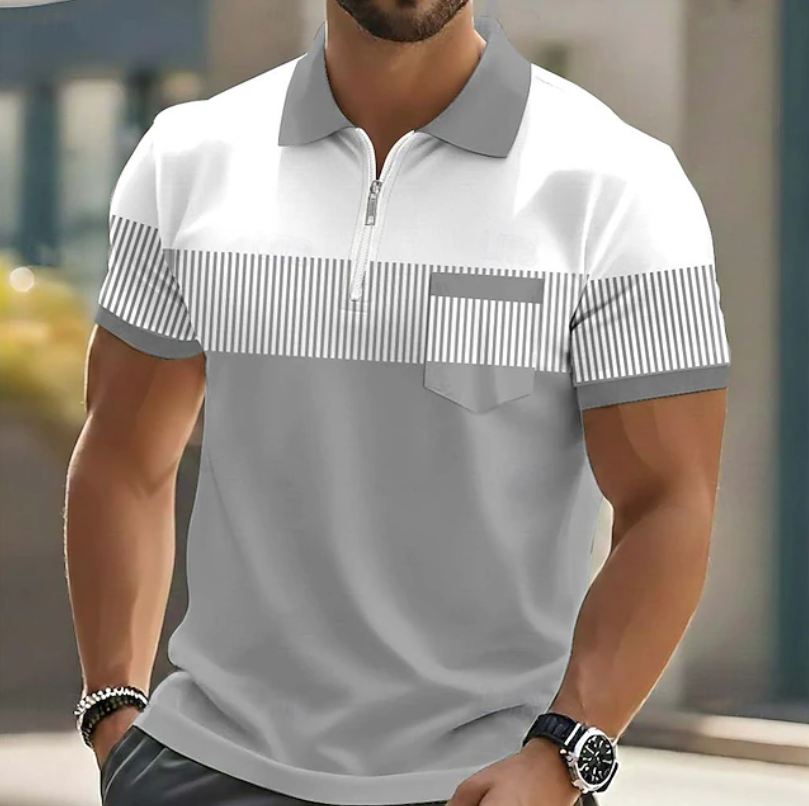 Polo homme à encolure zippée avec poche poitrine et fines rayures