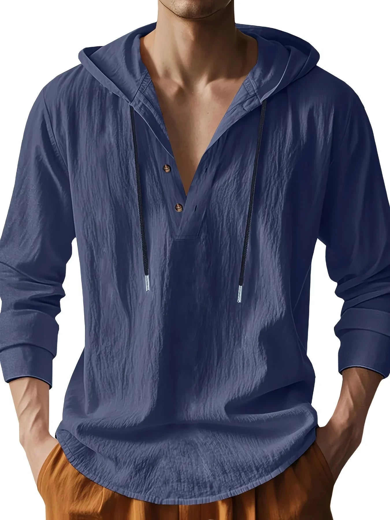 Chemise henley en lin à capuche pour homme, coupe décontractée avec col boutonné