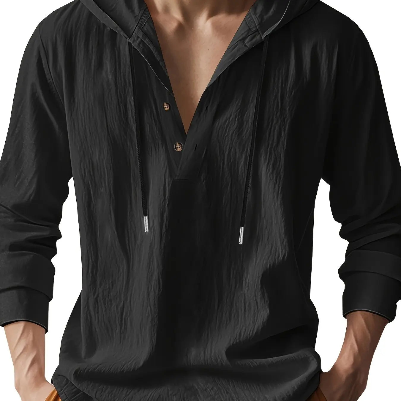 Chemise henley en lin à capuche pour homme, coupe décontractée avec col boutonné
