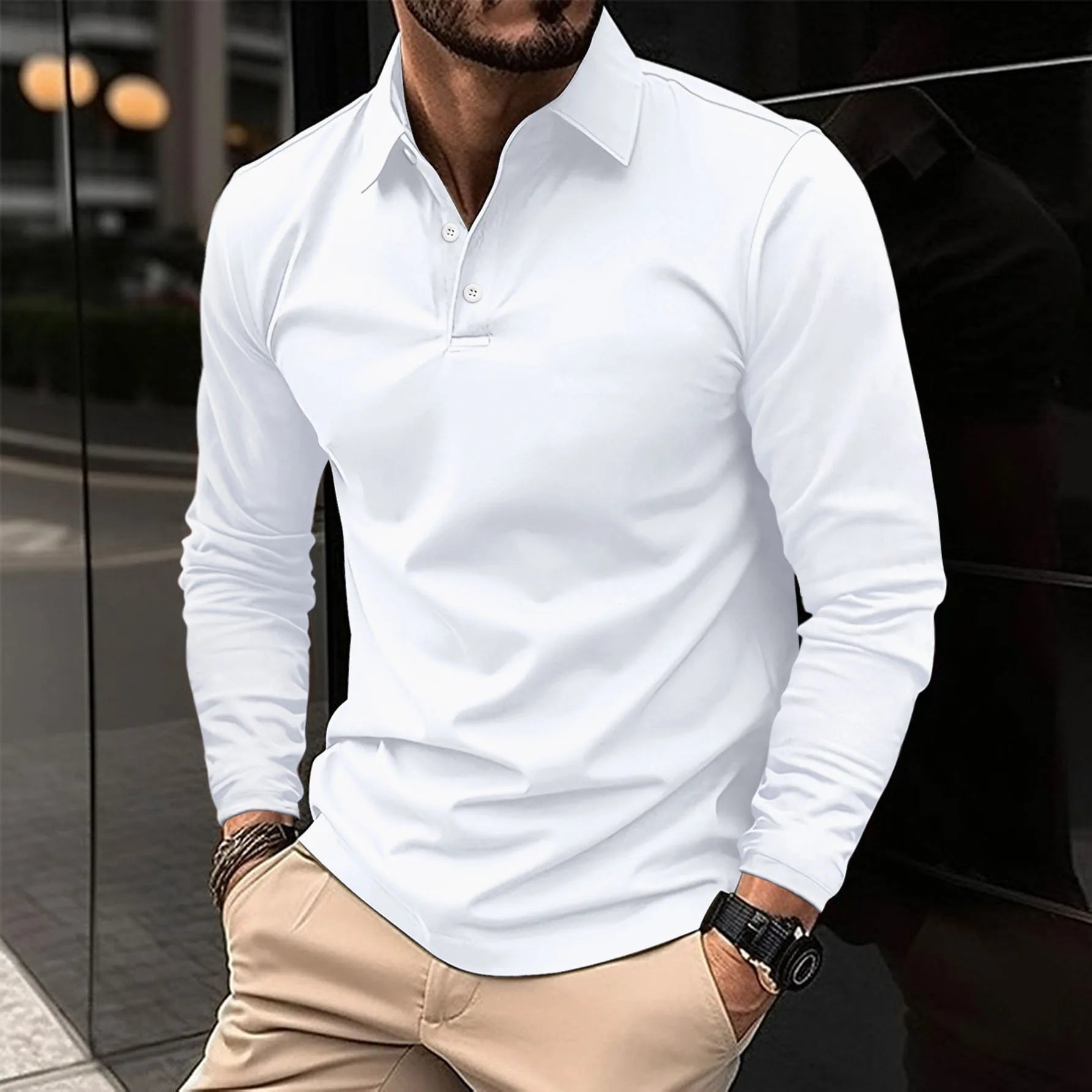 Polo à manches longues pour homme avec col boutonné et coupe ajustée