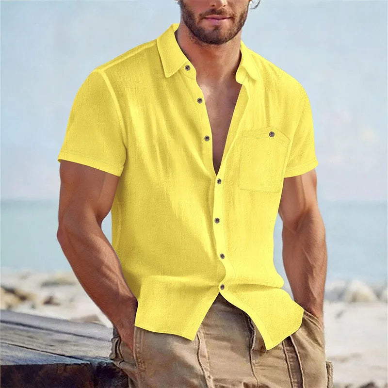 Chemise d'été pour homme à col ouvert et coupe droite avec poche poitrine