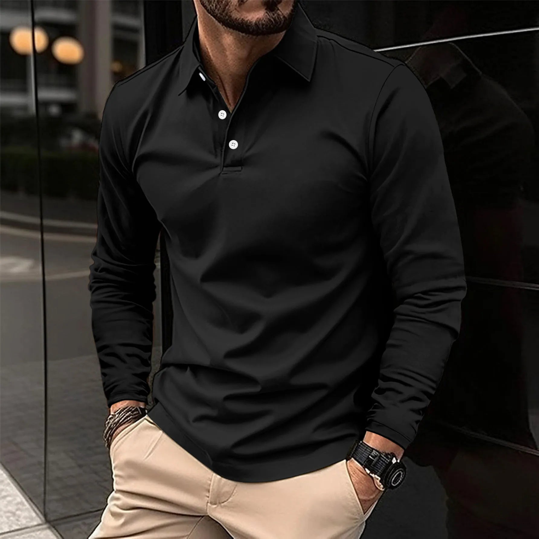Polo à manches longues pour homme avec col boutonné et coupe ajustée