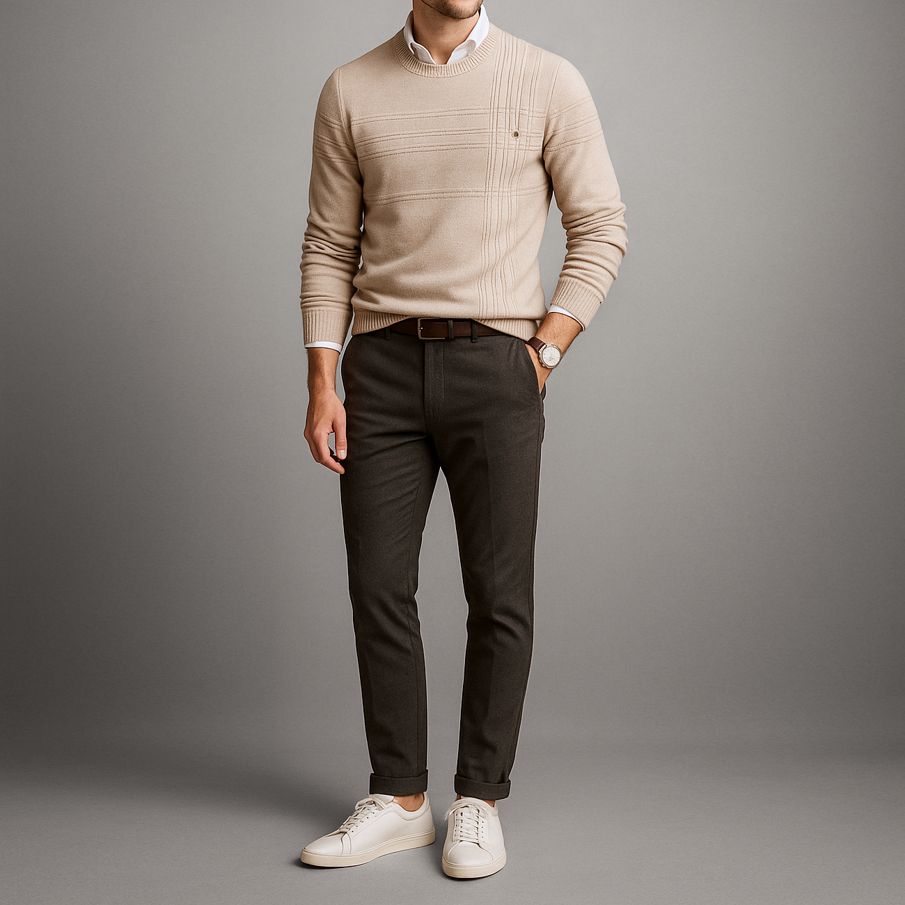 Pull col rond en coton coupe slim pour homme avec col, poignets et ourlet côtelés