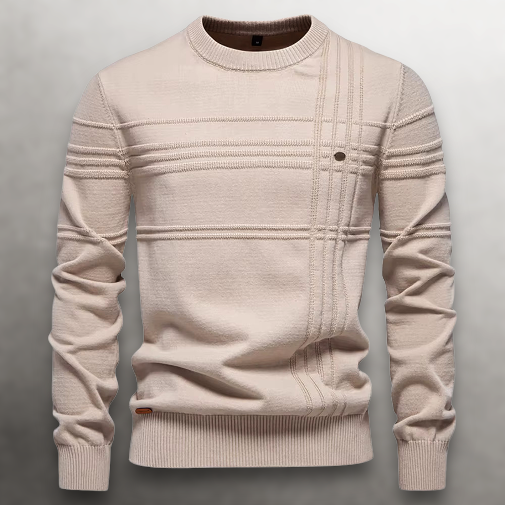 Pull col rond en coton coupe slim pour homme avec col, poignets et ourlet côtelés