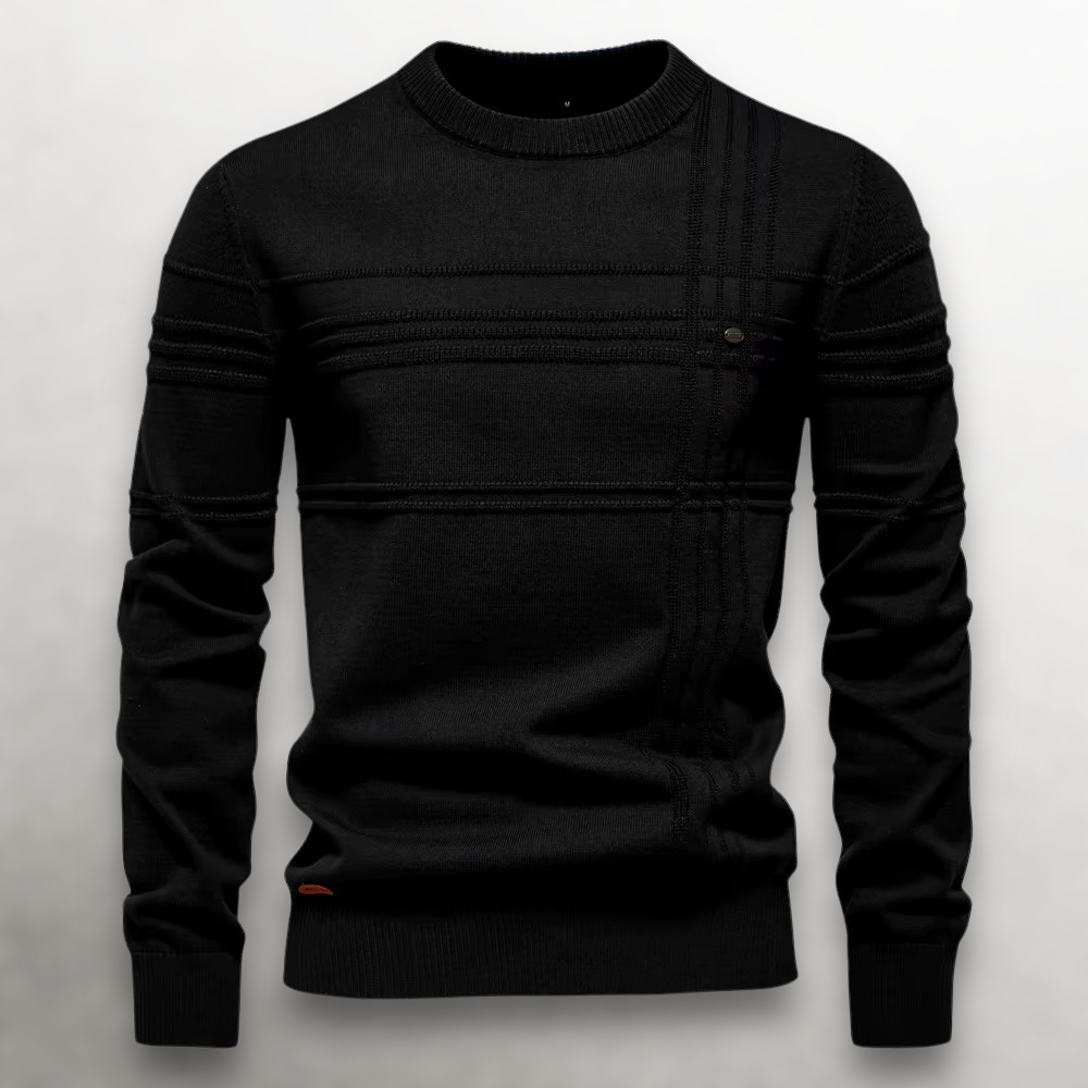 Pull col rond en coton coupe slim pour homme avec col, poignets et ourlet côtelés