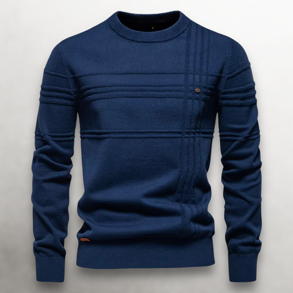 Pull col rond en coton coupe slim pour homme avec col, poignets et ourlet côtelés
