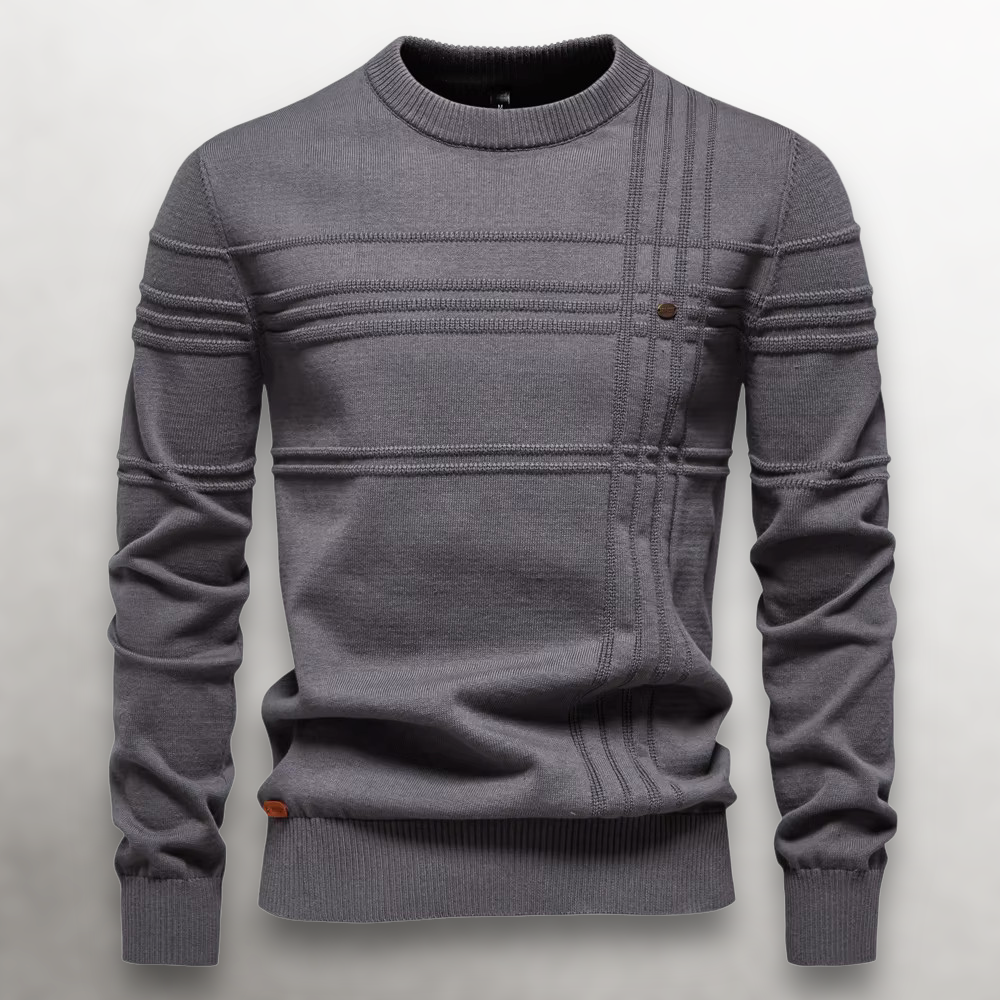 Pull col rond en coton coupe slim pour homme avec col, poignets et ourlet côtelés